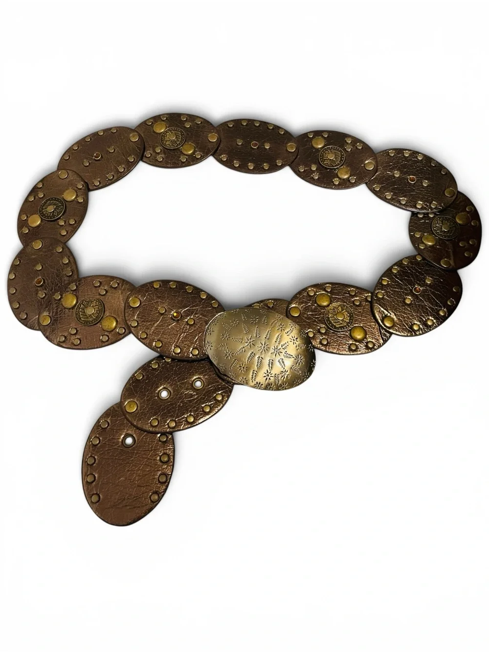 Studded Oval Western Boho Waist Belt with Embossed Buckle - Brown & Gold